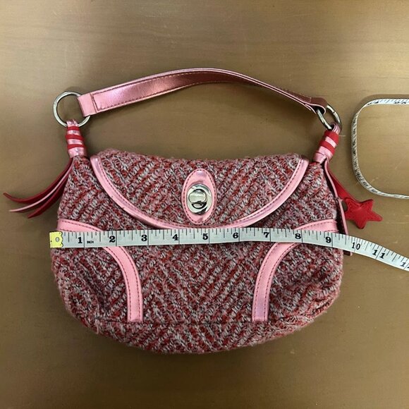 Y2K 90s Mini Bag Tweed Twill Striped Preppy Star Pink Latch Fringe Lined Purse - Picture 12 of 14